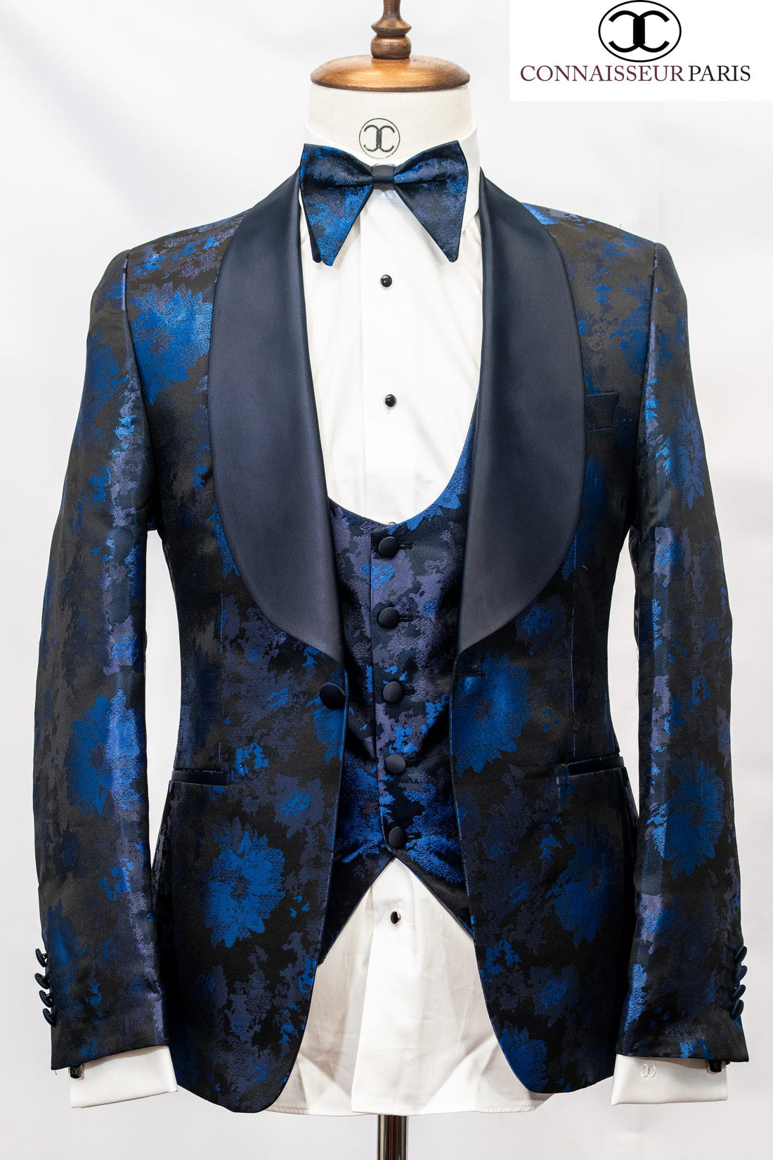 Connaisseur - Navy and Royal blue floral pattern 3-piece slim fit shawl lapel tux with U vest