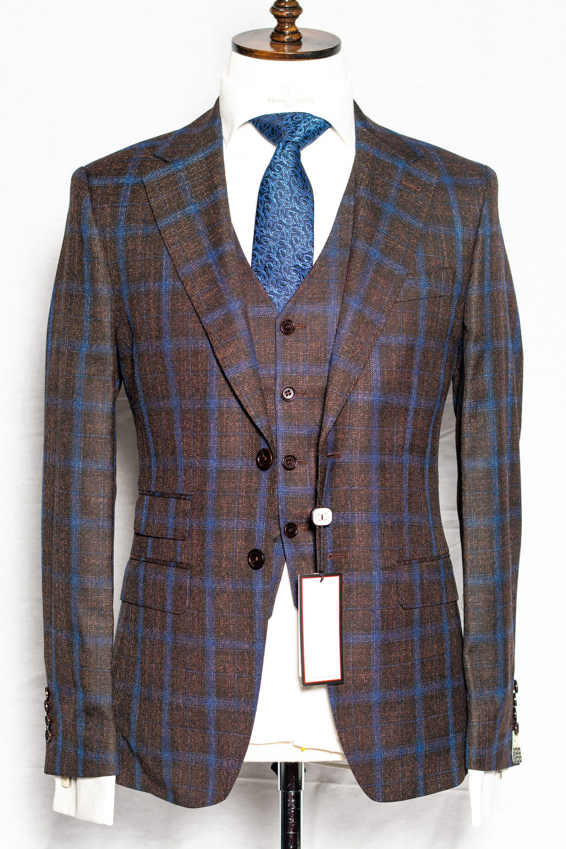 Loro Piana - Brown with blue window pane plaid tweed 3-piece slim fit suit with V vest