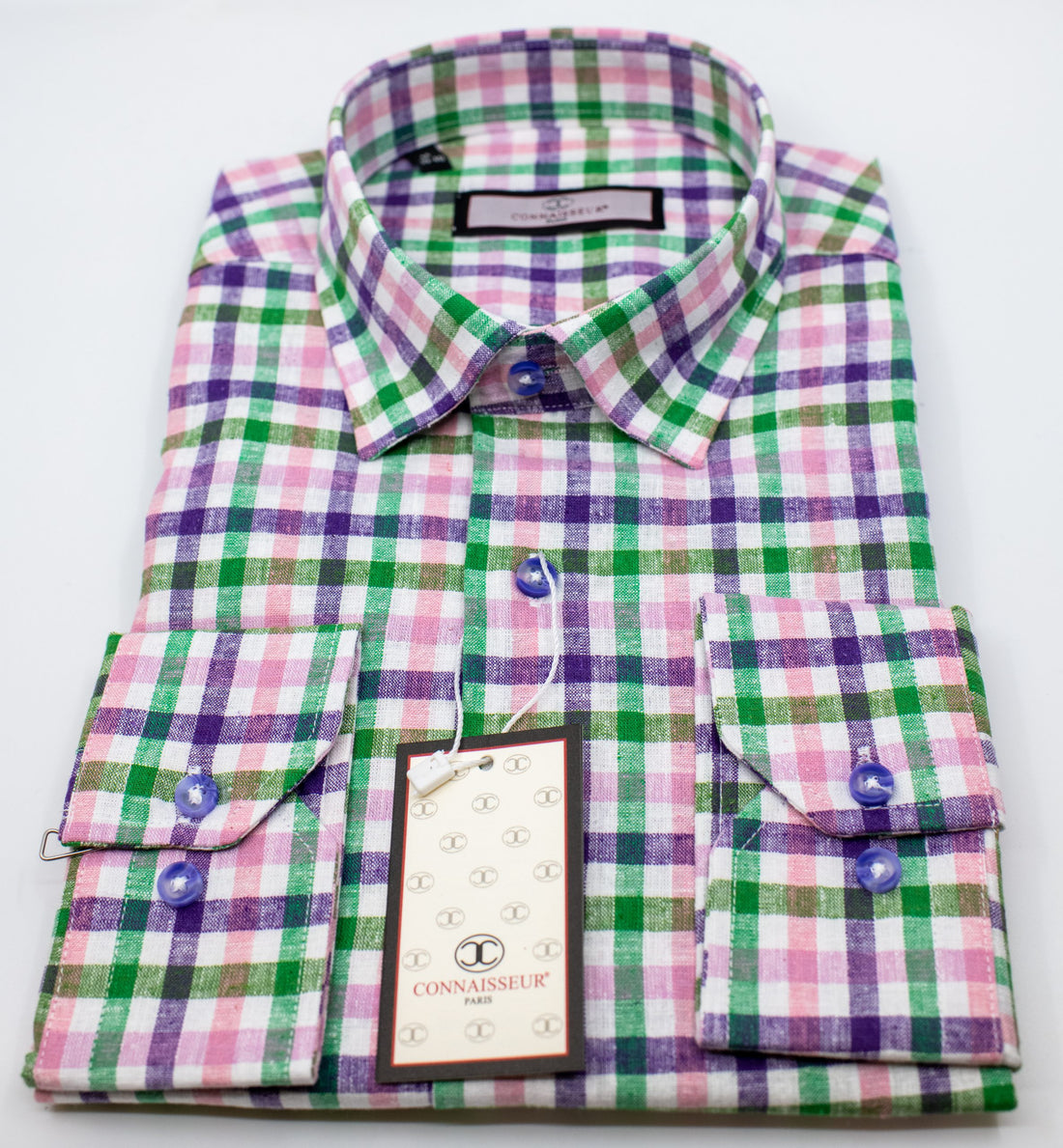 Connaisseur - Purple green pink check linen slim fit dress shirt