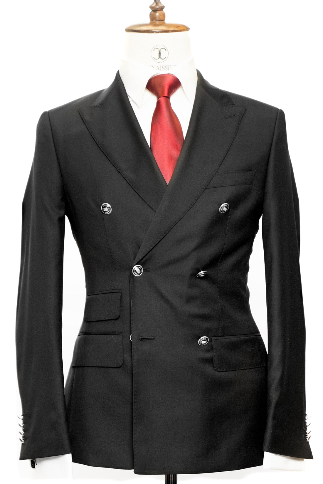 Finitura Felice- Black Classic Double Breasted Slim Fit 2-Piece Suit with Silver Buttons