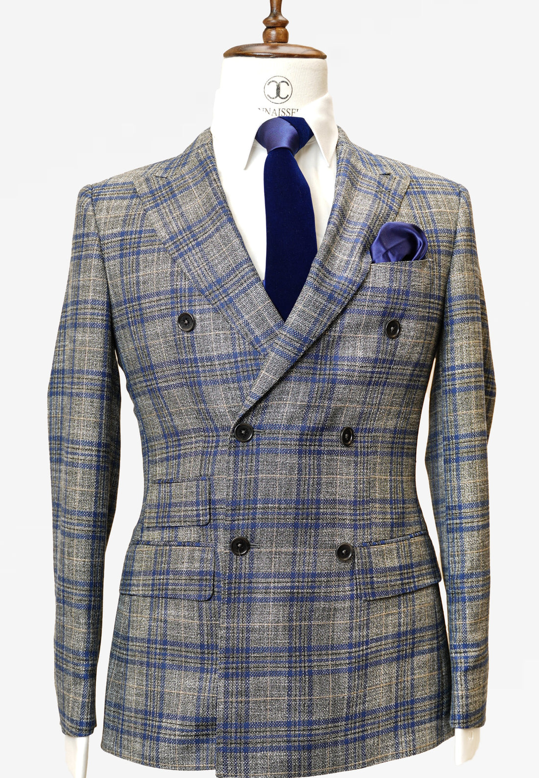 Dormeuil - Grey with blue tweed check pattern double breasted slim fit suit