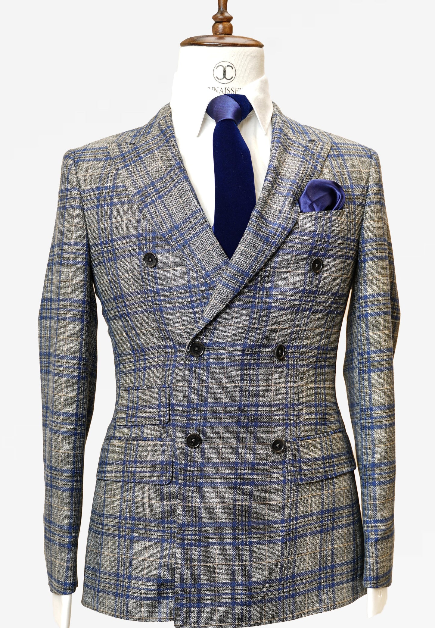 Dormeuil - Grey with blue tweed check pattern double breasted slim fit ...