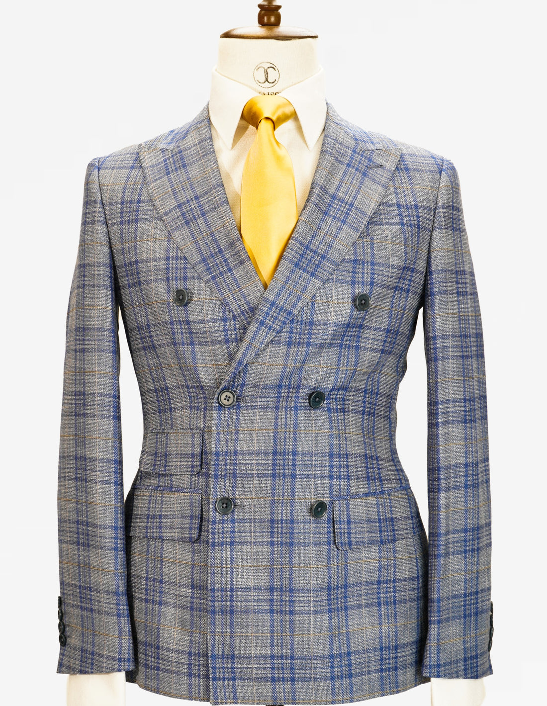 Dormeuil - Light brown with blue and gold tweed check pattern double breasted slim fit suit
