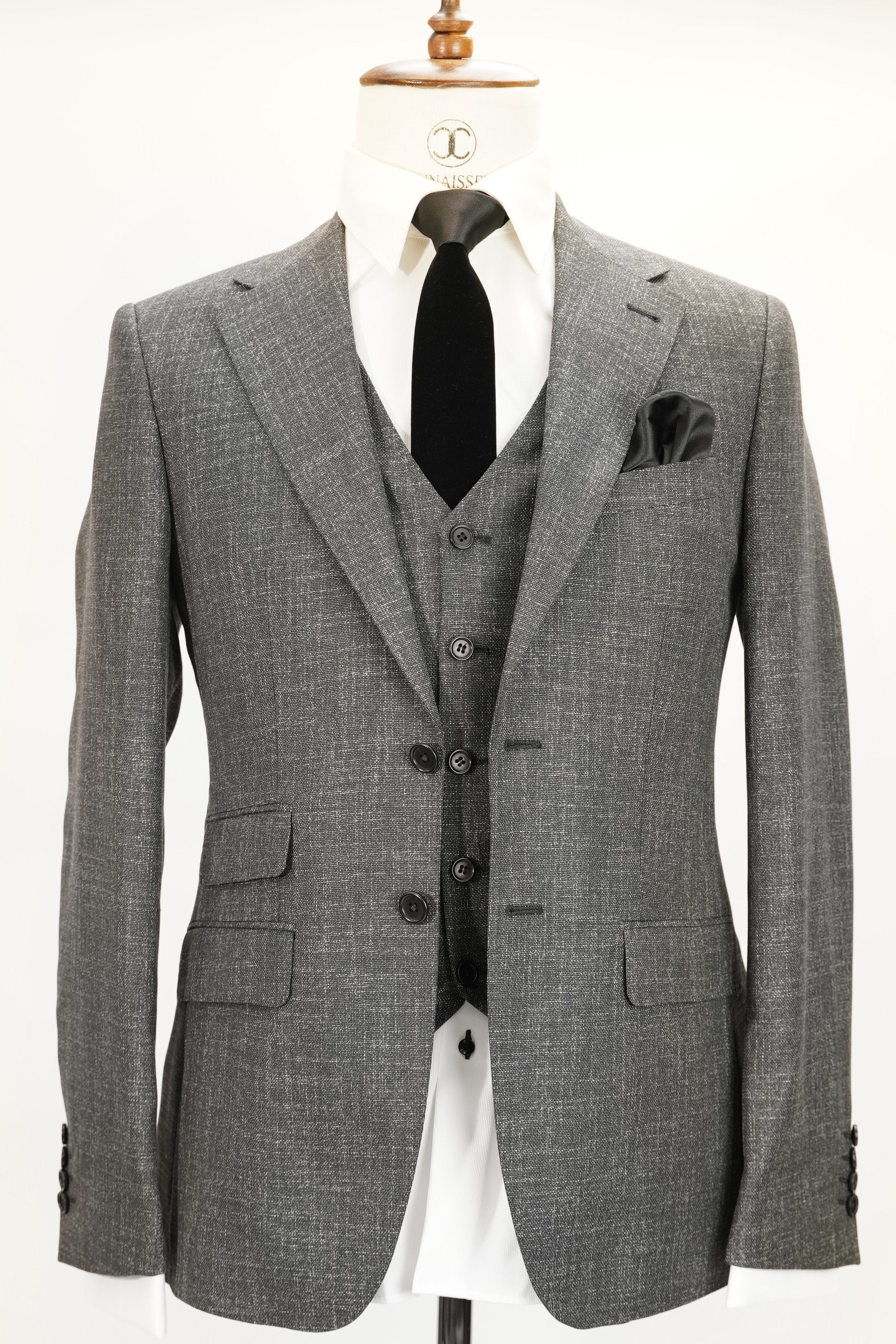 Loro Piana - Grey tweed classic 3-piece slim fit suit with V vest 