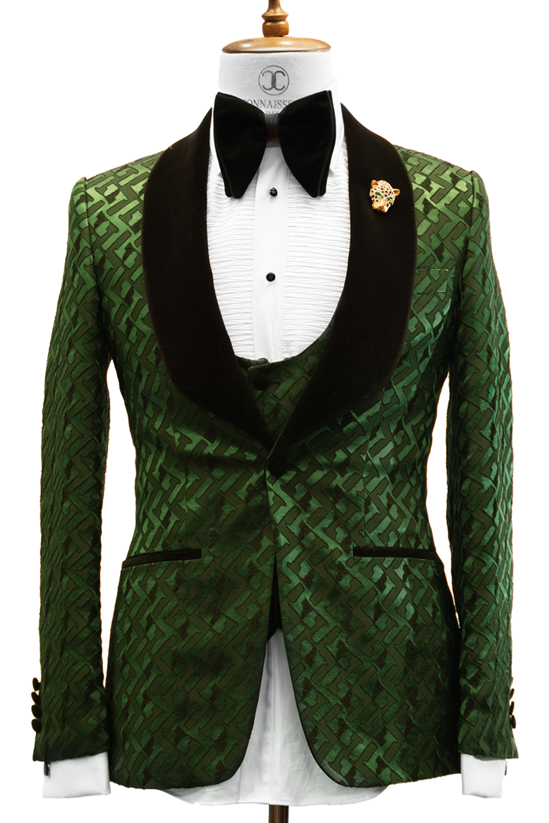 CONNAISSEUR - FOREST GREEN WITH H PATTERN 3-PIECE SLIM FIT TUXEDO WITH U VEST