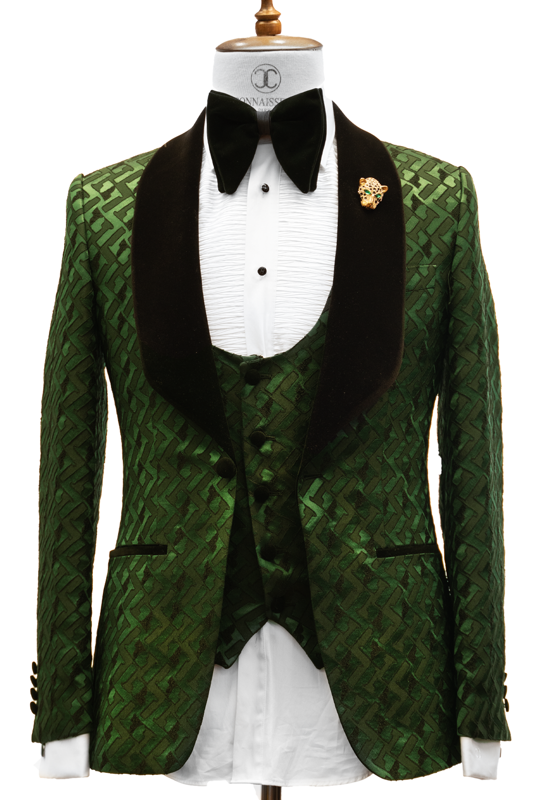 CONNAISSEUR - FOREST GREEN WITH H PATTERN 3-PIECE SLIM FIT TUXEDO WITH U VEST