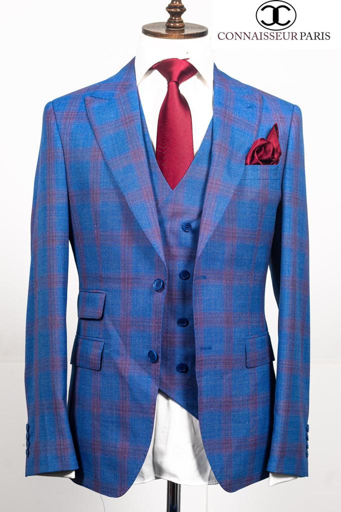 Intespra - Blue with burgundy plaid 3 piece slim fit suit with double breasted V vest
