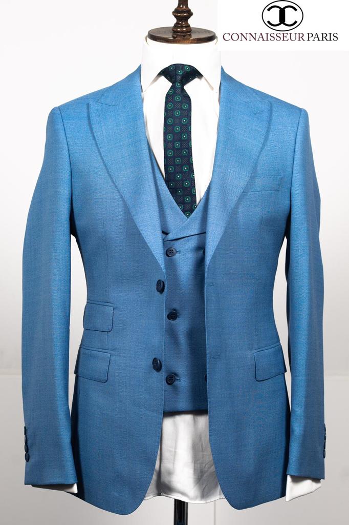 Intespra - Sky blue 3 piece slim fit suit with double breasted V vest