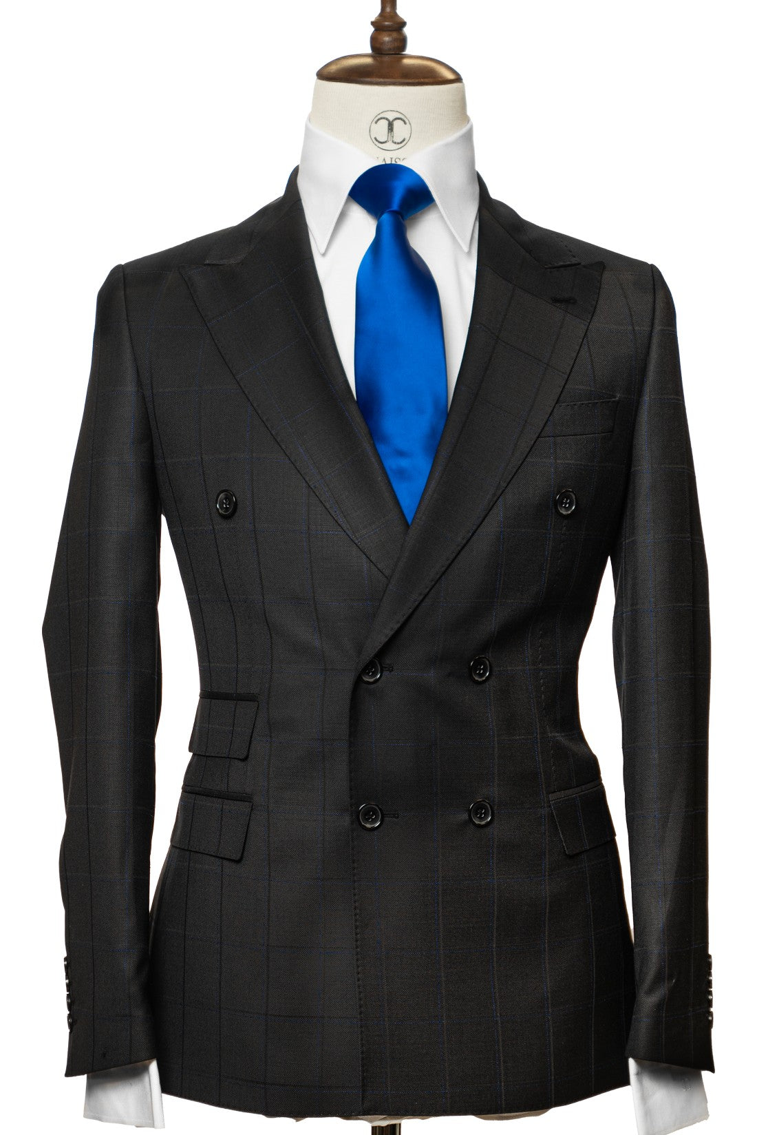 Finitura Felice - Black with Blue Windowpane Double Breasted 2-Piece Slim Fit Suit