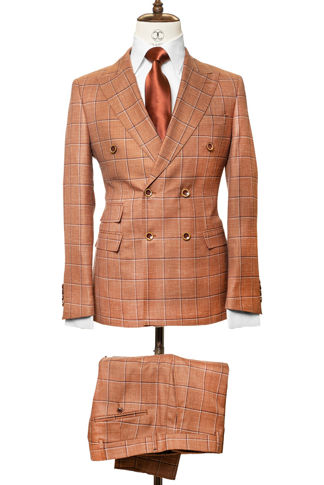 Finitura Felice - Tan with Brown Windowpane Double Breasted 2-Piece Slim Fit Suit