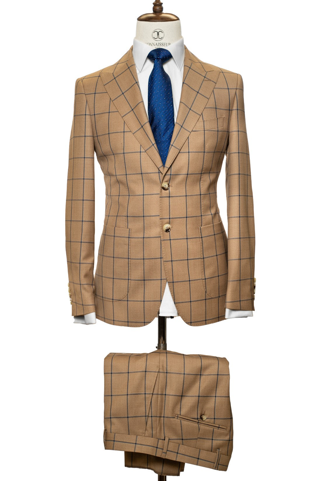 Finitura Felice - Tan Windowpane 2-Piece Slim Fit Suit with Patch Pockets and Elbow Patch