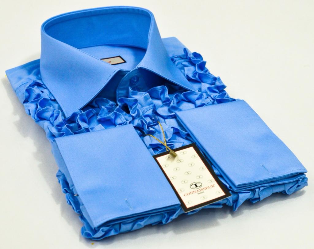 Blue chest full ruffle slim fit dress shirt with French cuffs