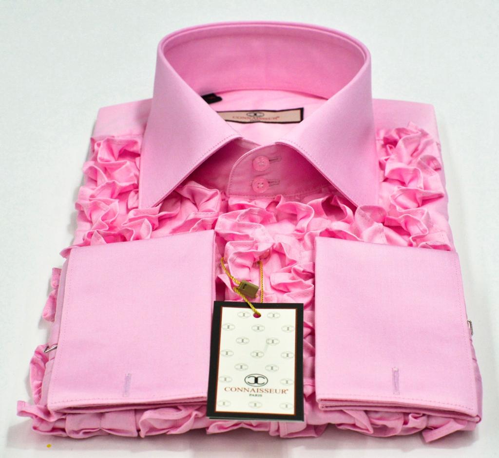 Pink chest full ruffle slim fit dress shirt with French cuffs