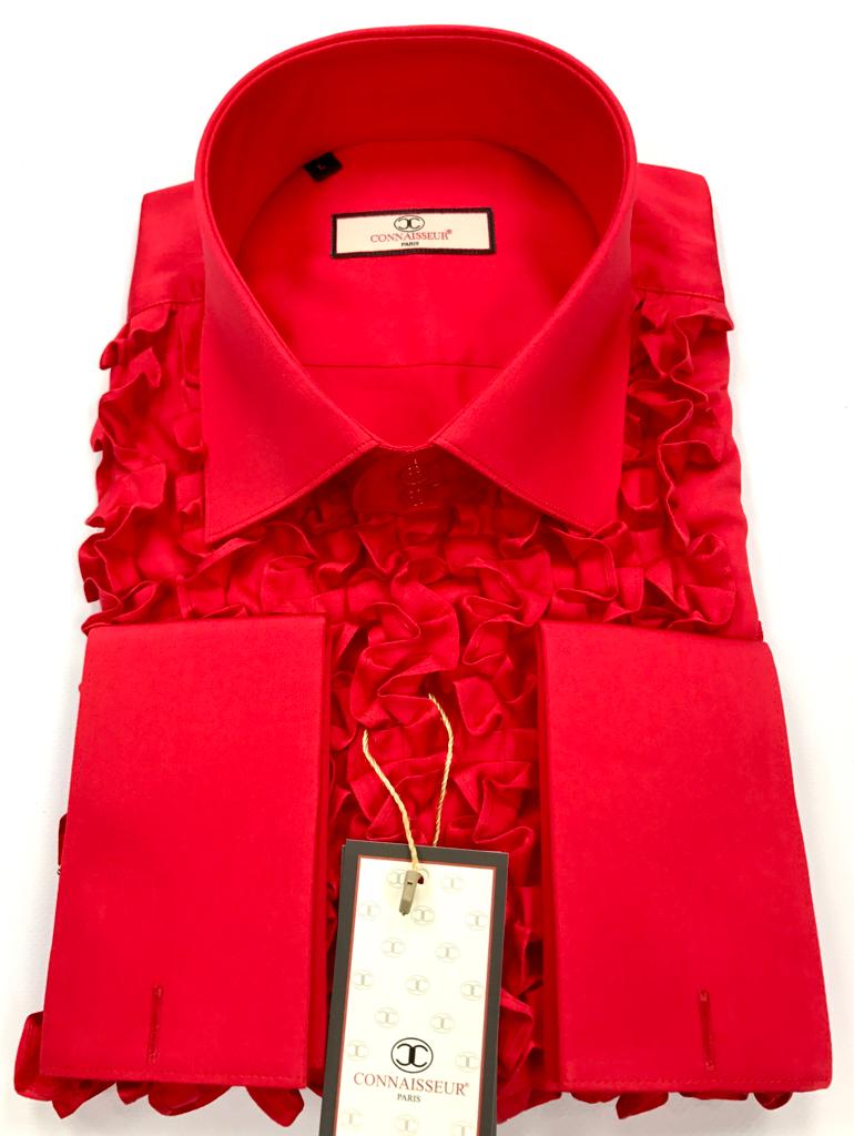 Red chest full ruffle slim fit dress shirt with French cuffs