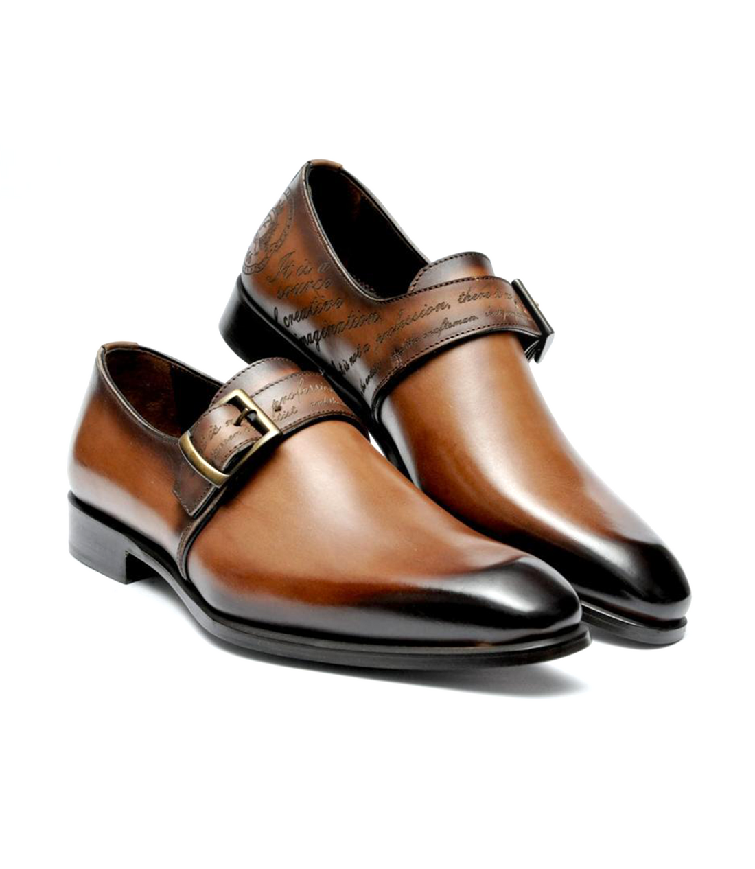 FILANGIERI - STAINED BROWN CURSIVE SINGLE MONK LEATHER DRESS SHOE