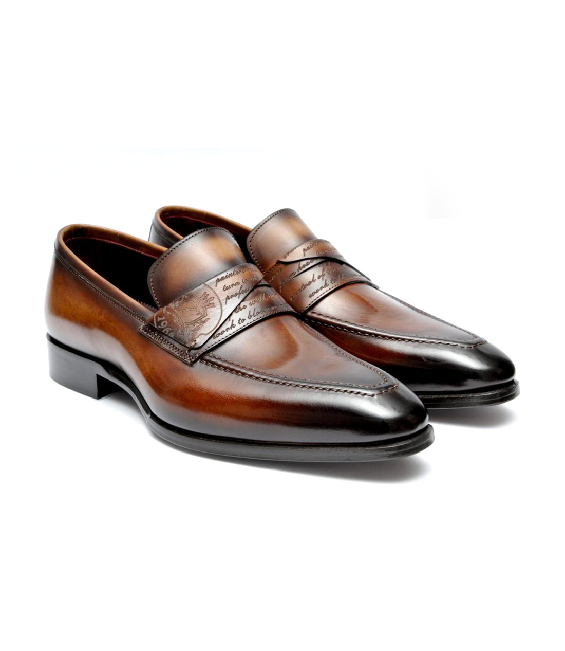 FILANGIERI - STAINED BROWN LEATHER DRESS LOAFERS WITH CURSIVE ON IN-STEP