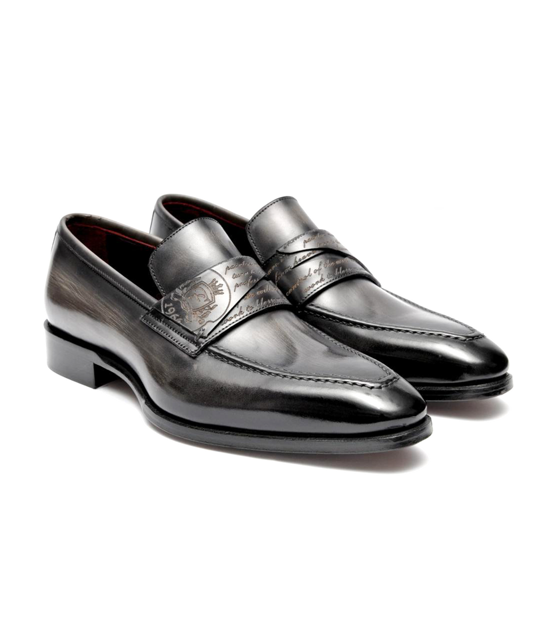 FILANGIERI - STAINED GREY LEATHER DRESS LOAFER WITH CURSIVE ON IN-STEP