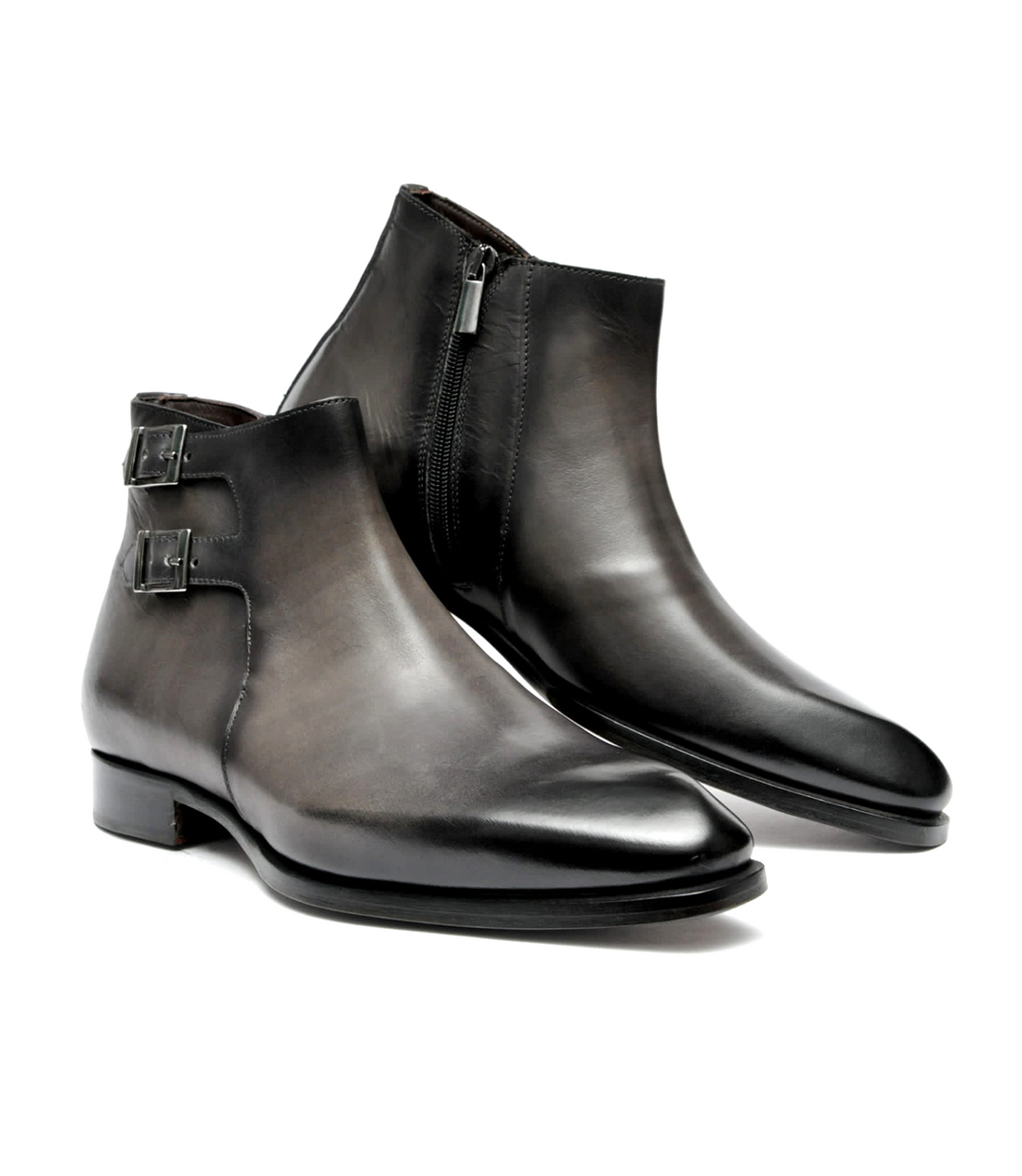 FILANGIERI - STAINED GREY LEATHER ANKLE BOOT WITH DOUBLE MONK & ZIPPER