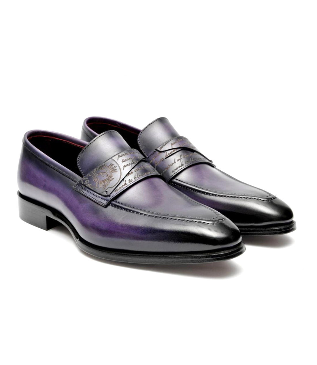FILANGIERI - STAINED PURPLE LEATHER DRESS LOAFER WITH CURSIVE ON IN-STEP