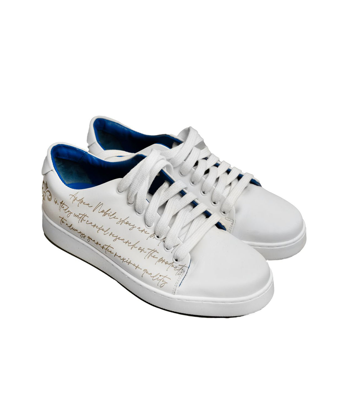 Andrea Nobile - White Low Top Leather Sneaker with Gold Inscriptions