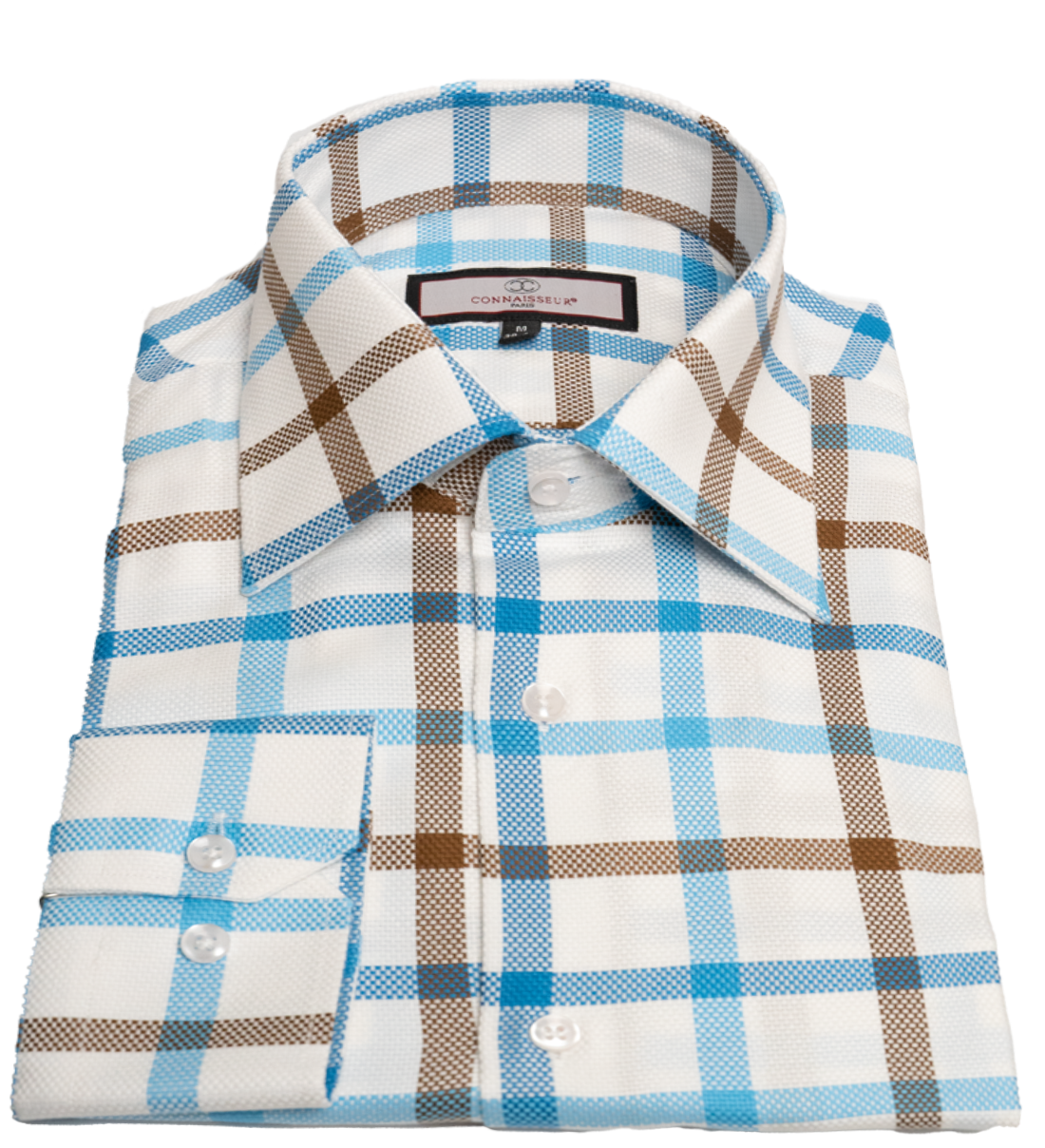 Connaisseur - White with blue and brown plaid slim fit dress shirt