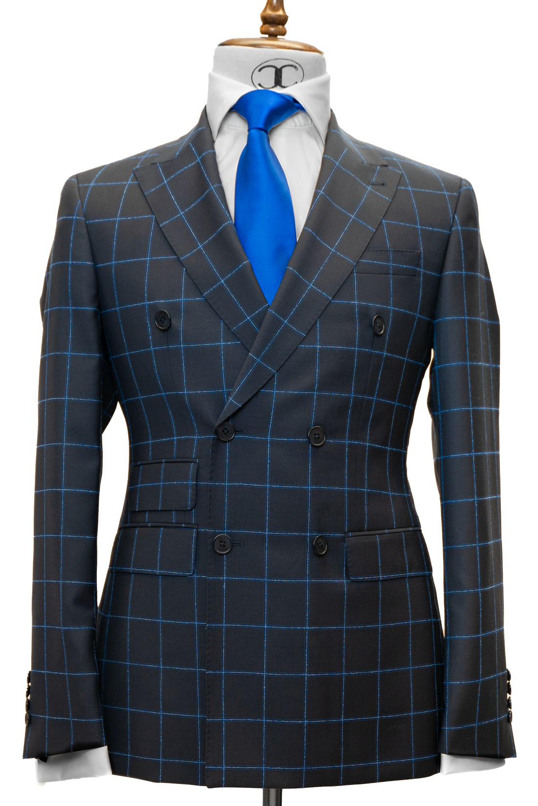Vitale Barberis - Navy blue with royal blue plaid double breasted slim fit suit