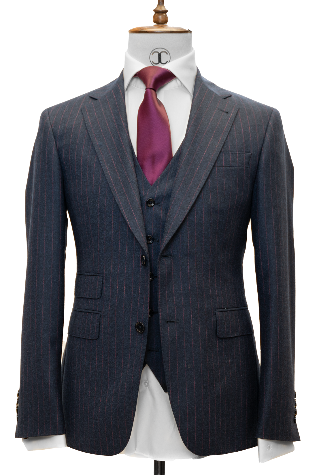 Zignone - Navy Blue with Fuchsia Pinstripes Cashmere 3-Piece Slim Fit Suit