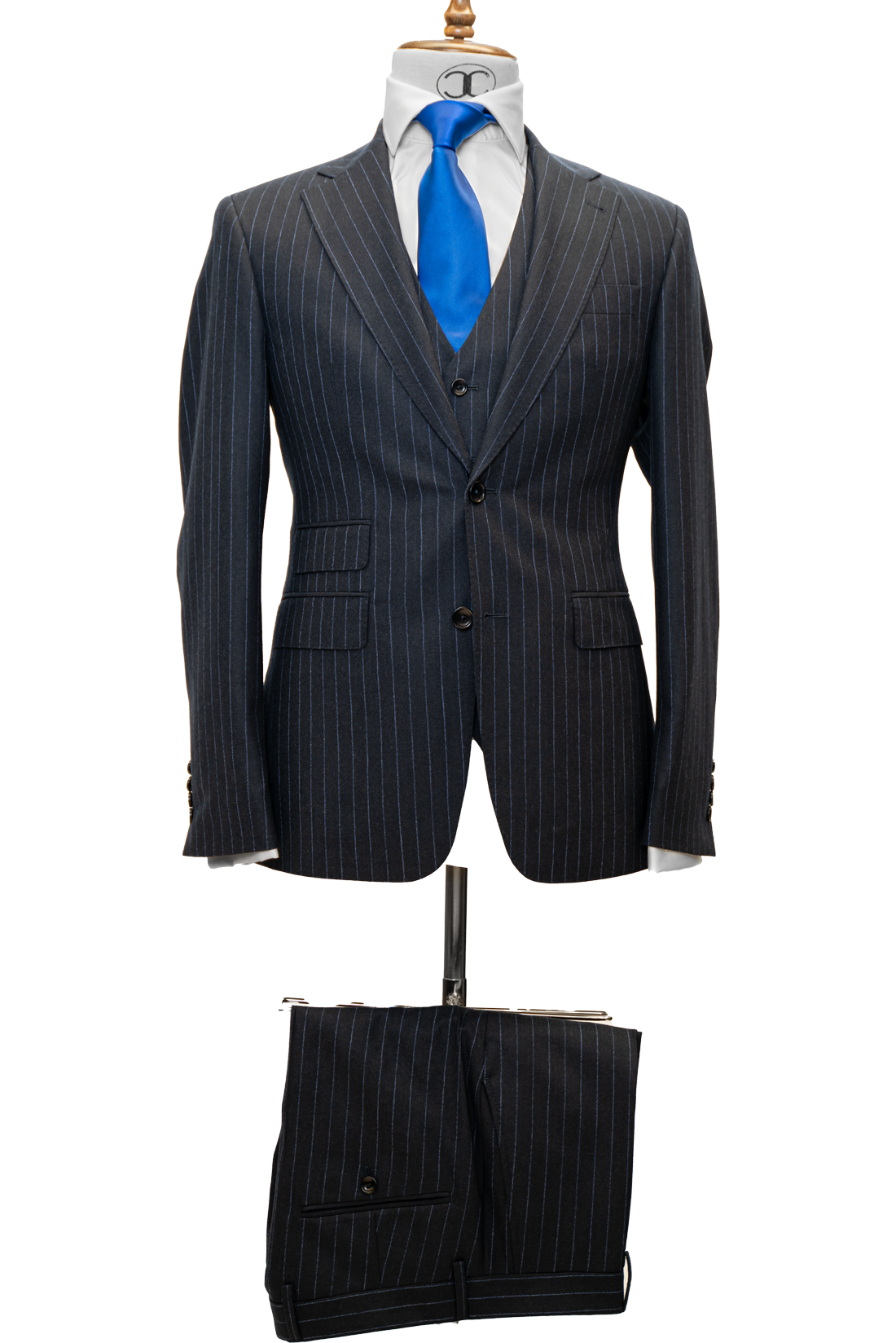 Zignone - Navy Blue with Light Blue Pinstripes Cashmere 3-Piece Slim Fit Suit