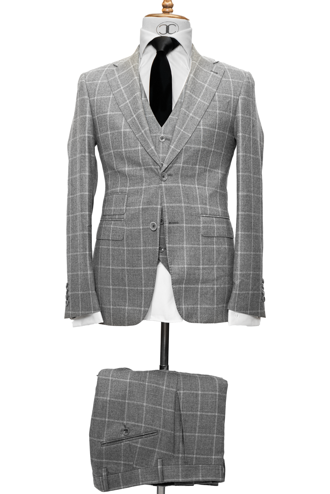 Zignone - Ash Grey with Chalk windowpane cashmere 3-piece slim fit suit