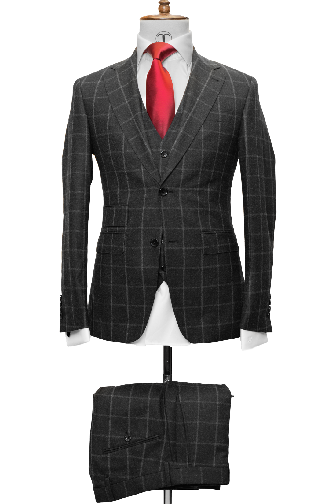 Zignone - Charcoal grey with chalk windowpane cashmere 3-piece slim fit suit