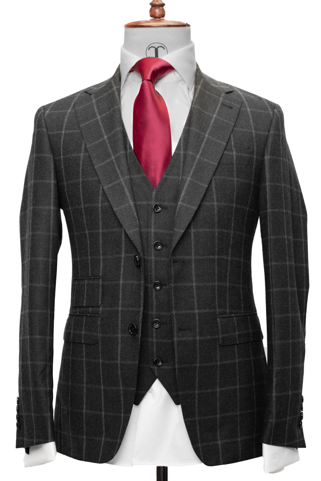 Zignone - Charcoal grey with chalk windowpane cashmere 3-piece slim fit suit